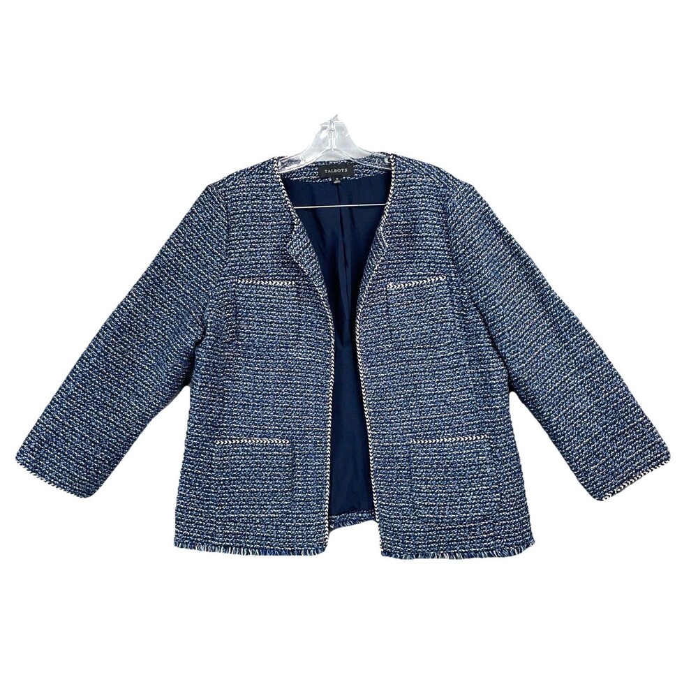 Talbots Navy Tweed Lady Jacket Blue Office Siren Preppy Spring Casual Pockets